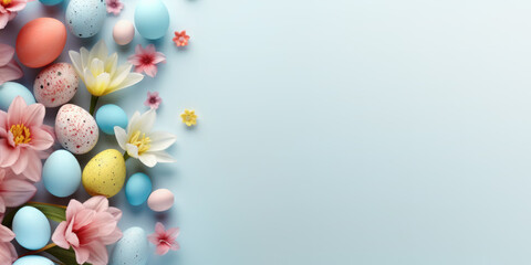 Easter poster and banner template with beautiful Easter multi-colored eggs and flowers.Promotion and shopping template for Easter. Beautiful easter promotion banner.Top view, flat lay.Space for text