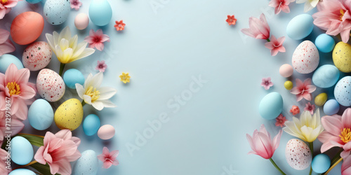 Easter poster and banner template with beautiful Easter multi-colored eggs and flowers.Promotion and shopping template for Easter. Beautiful easter promotion banner.Top view  flat lay.Space for text