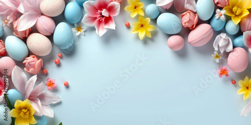 Easter poster and banner template with beautiful Easter multi-colored eggs and flowers.Promotion and shopping template for Easter. Beautiful easter promotion banner.Top view  flat lay.Space for text