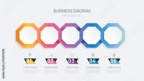 Infographic vector template with 5 steps for business. 3D paper geometric label. for content, brochure, diagram, timeline, web design. Vector