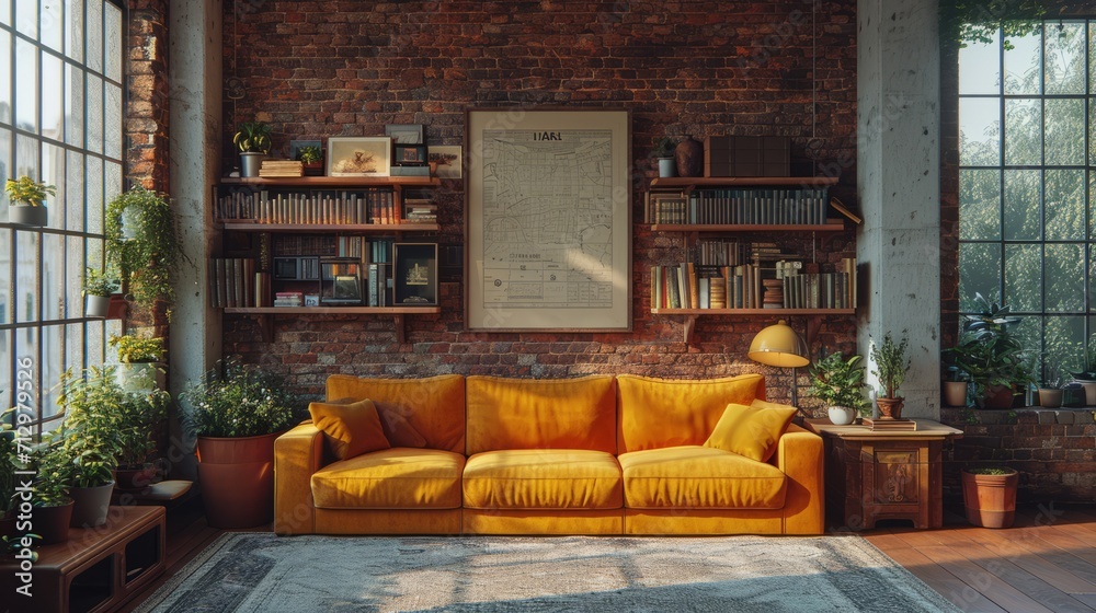 Fototapeta premium Interior of living room with orange sofa and plant. Generative Ai. 