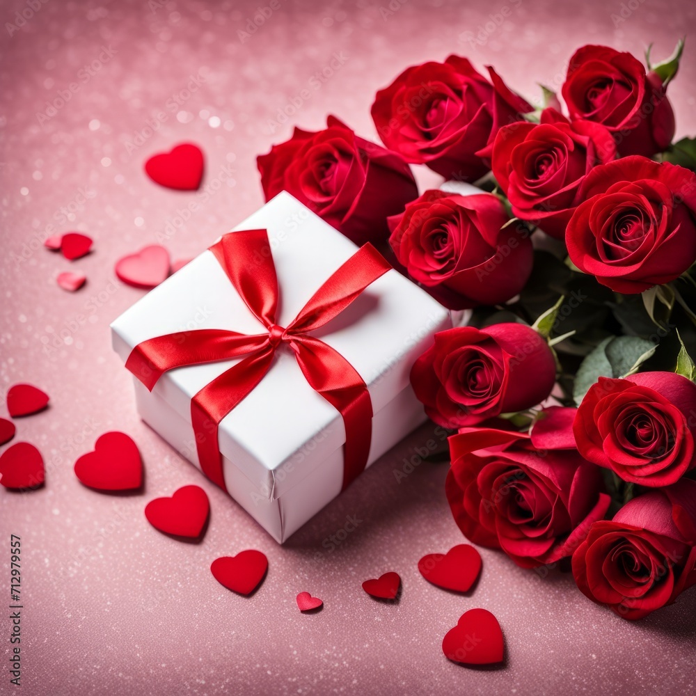 A white gift box with a red bow is framed by red roses and bokeh. Happy Valentine's Day, Mother's Day, 8 March, and Women's Day A white gift box with a red bow is framed by red roses and bokeh. Happy Valentine's Day, Mother's Day, 8 March, and Women's Day