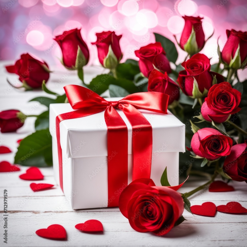 A white gift box with a red bow is framed by red roses and bokeh. Happy Valentine's Day, Mother's Day, 8 March, and Women's Day A white gift box with a red bow is framed by red roses and bokeh. Happy Valentine's Day, Mother's Day, 8 March, and Women's Day
