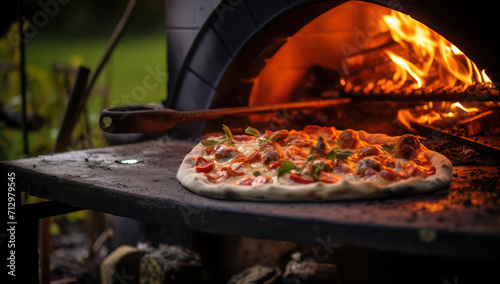 Traditional Wood-Fired Pizza Oven  Hot Flames  Delicious Italian Cuisine  and Tasty Cheese on Brick and Stone Background.