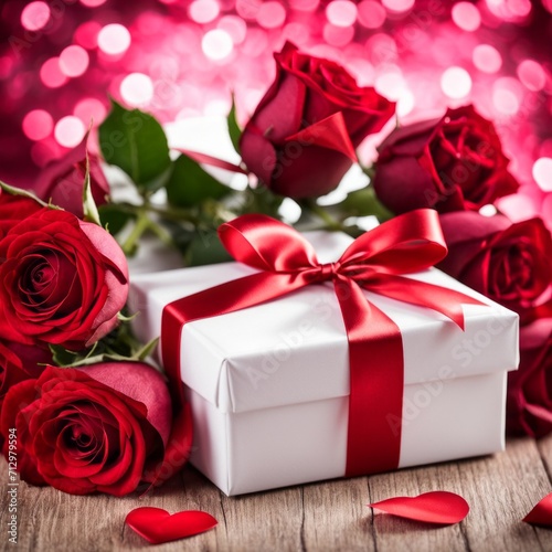 A white gift box with a red bow is framed by red roses and bokeh. Happy Valentine's Day, Mother's Day, 8 March, and Women's Day