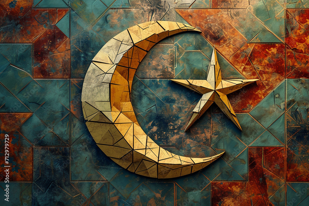 An artistic rendering of the Islamic crescent moon and star against a geometric patterned background.