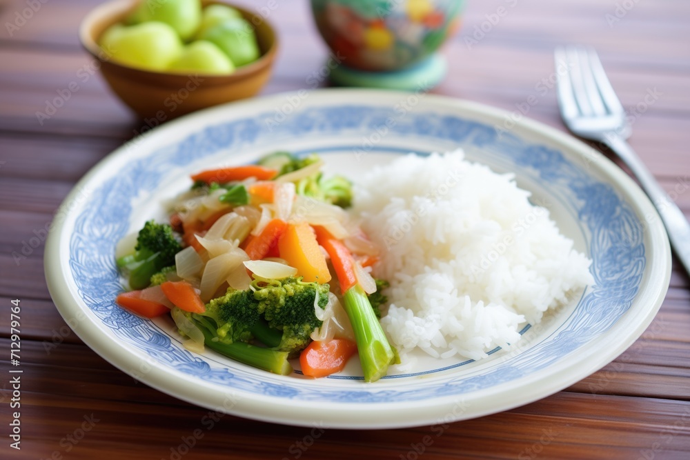 plate of steamed vegetable medley with rice on the side