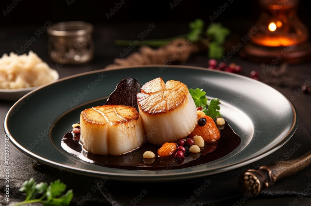 Steak scallop restaurant plate. Serving traditional tasty grilled seafood dish. Generate ai