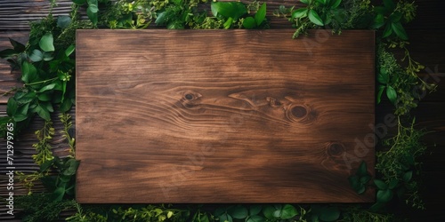 Brown wooden board with green foliage.