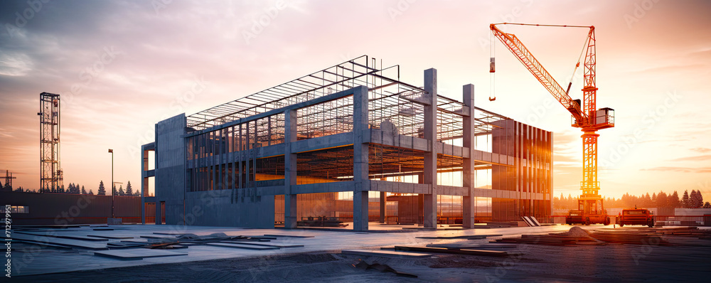 Concrete and steel construction of unfinished new building development. Postproducted generative AI illustration. - obrazy, fototapety, plakaty 