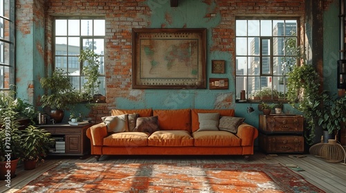 Interior of a living room with an orange sofa. Generative Ai.  © zorandim75