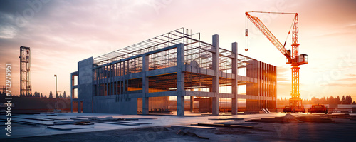 Concrete and steel construction of unfinished new building development. Postproducted generative AI illustration. photo