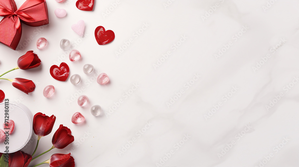 Romantic Valentine's Day Background with Hearts, Flowers, and Gifts on White Surface - Top View Love Celebration Concept with Copy Space for Greeting Cards and Promotions. Romantic Valentine's Day Background with Hearts, Flowers, and Gifts on White Surface - Top View Love Celebration Concept with Copy Space for Greeting Cards and Promotions.