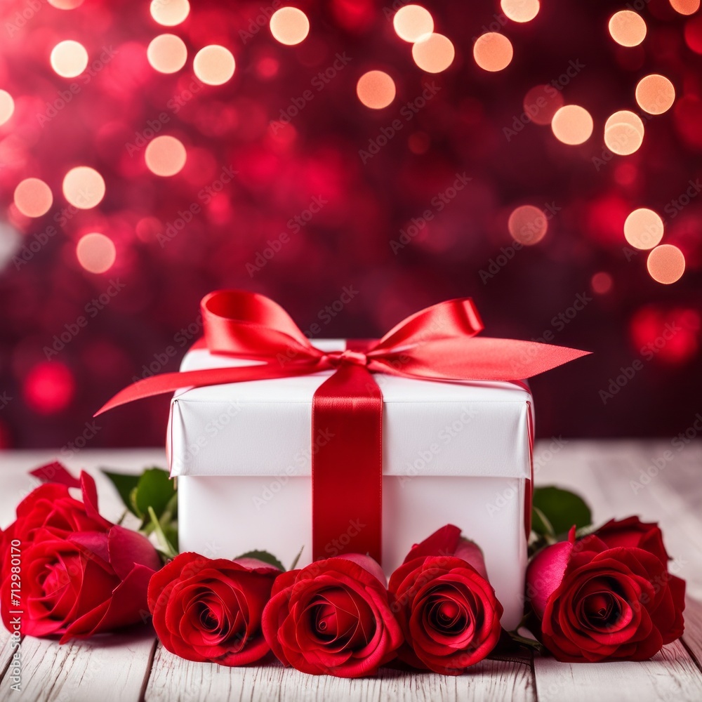 A white gift box with a red bow is framed by red roses and bokeh. Happy Valentine's Day, Mother's Day, 8 March, and Women's Day A white gift box with a red bow is framed by red roses and bokeh. Happy Valentine's Day, Mother's Day, 8 March, and Women's Day