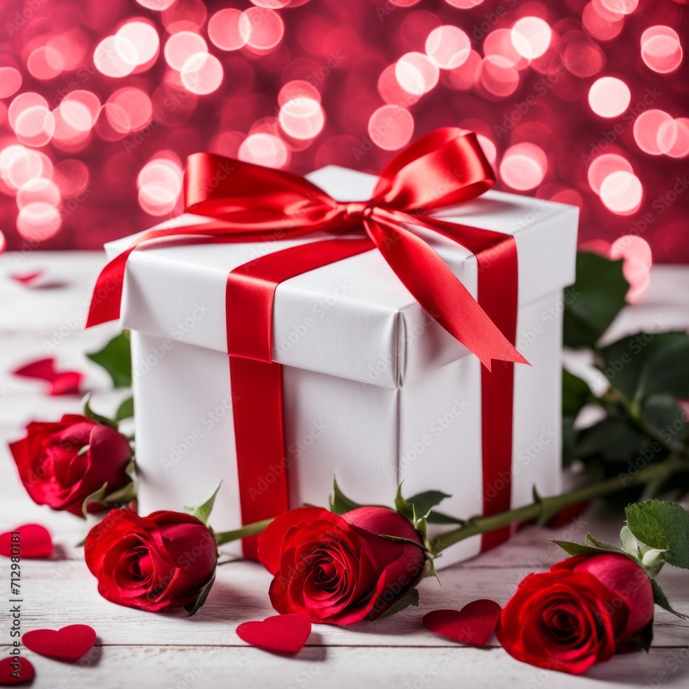 A white gift box with a red bow is framed by red roses and bokeh. Happy Valentine's Day, Mother's Day, 8 March, and Women's Day