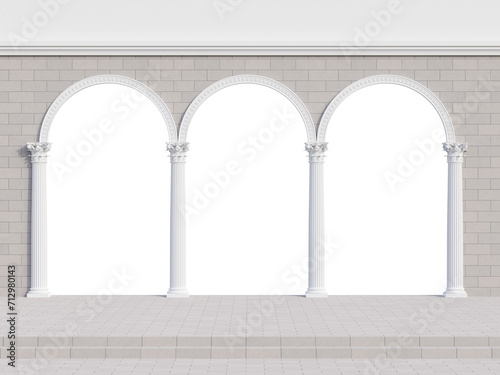Fototapeta Naklejka Na Ścianę i Meble -  Elegant white arch with Corinthian style column decorated in a gray brick wall isolated on transparent background 3d render