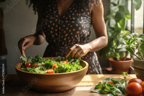 Fresh and Healthy Salad Preparation in a Cozy Kitchen: Woman Mixing Organic Vegetables with a Spoon on a Wooden Background