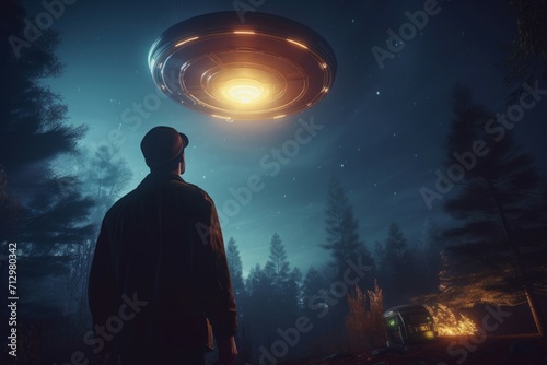 Surprised witness staring UFO. Human gazing at extraterrestrial cosmic craft ship. Generate ai