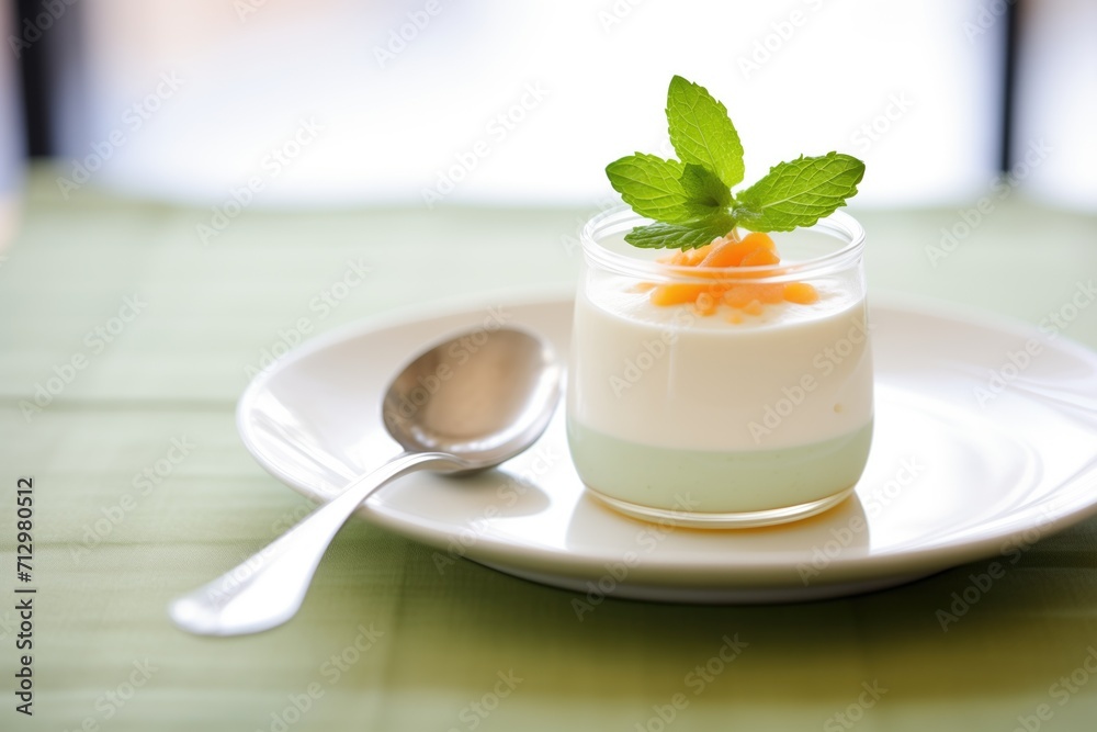 elegant dessert: coconut yogurt panna cotta with a mint leaf elegant dessert: coconut yogurt panna cotta with a mint leaf