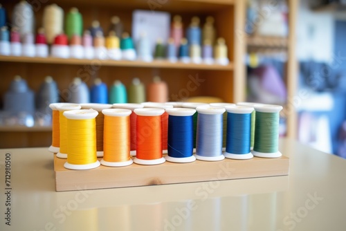 colorful thread spools on work shelf