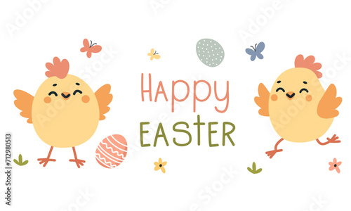 Cute banner on the theme of Easter holiday. Cute chickens and Easter eggs  the inscription Happy Easter. . Vector illustration