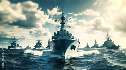 Fleet of warships floating into battle. Postproducted generative AI illustration.