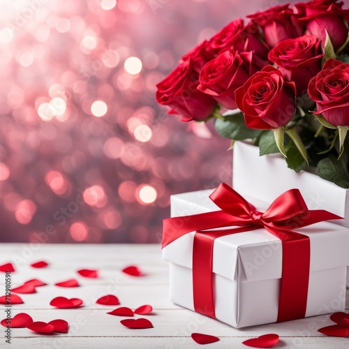 A white gift box with a red bow is framed by red roses and bokeh. Happy Valentine s Day  Mother s Day  8 March  and Women s Day