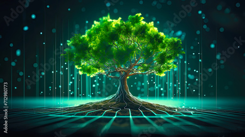Growing tree in cyberspace as symbol of ecological IT development. Postproducted generative AI illustration. photo