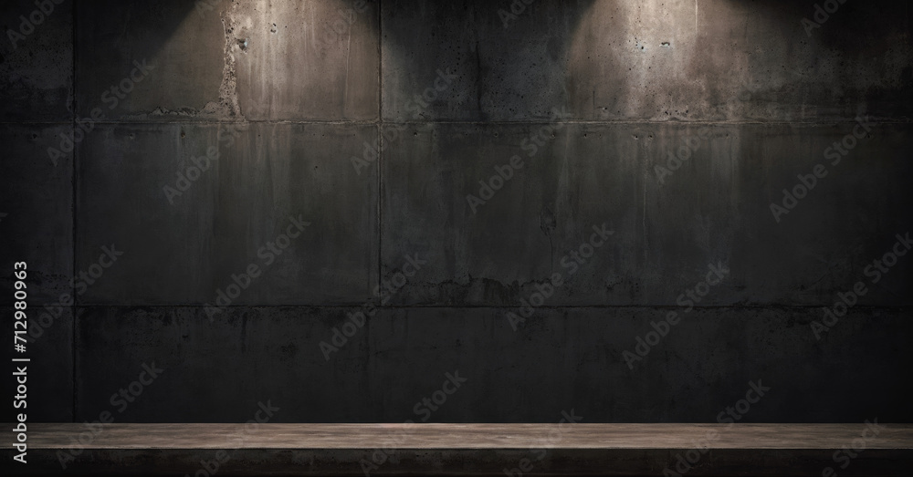 A wooden table in front of black concrete wall with a spotlight shining on A wooden table in front of black concrete wall with a spotlight shining on