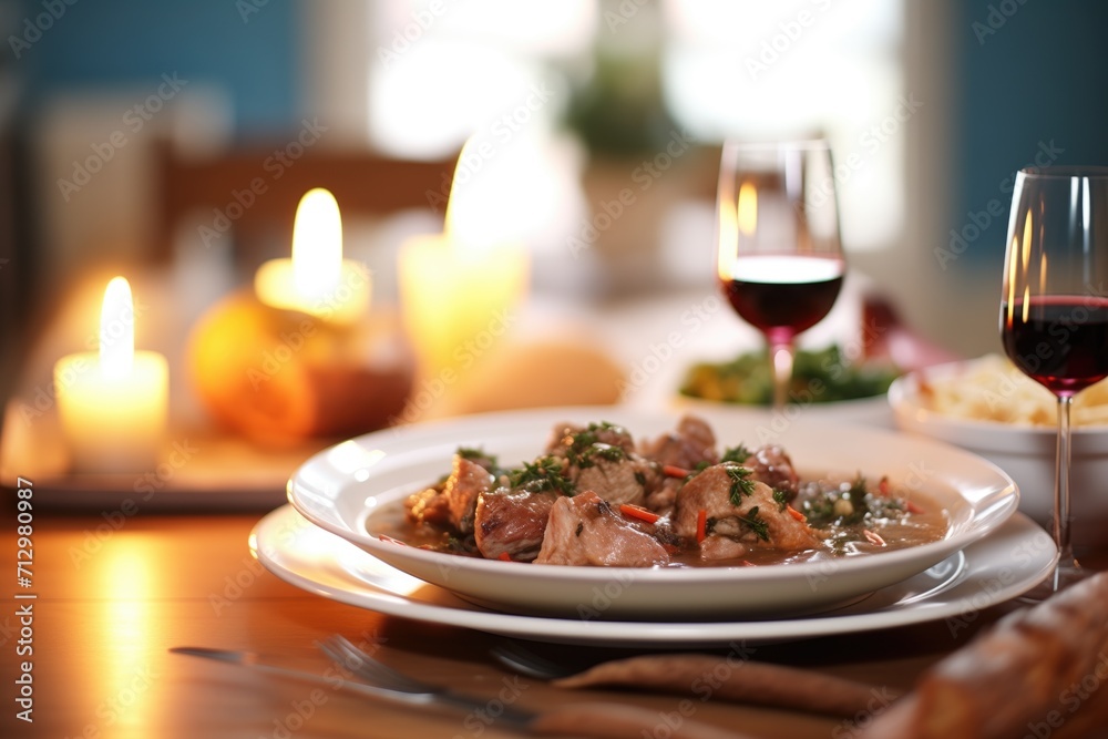 coq au vin on a dining table, candles, and wine in background coq au vin on a dining table, candles, and wine in background