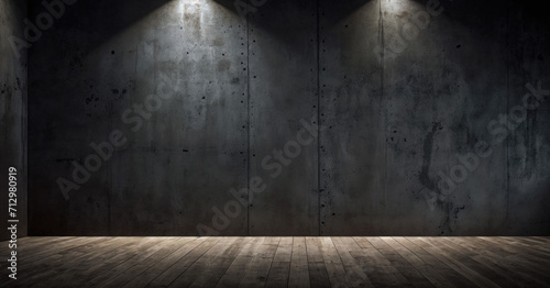 black concrete wall room with lights on the wall © Prukpuksuk