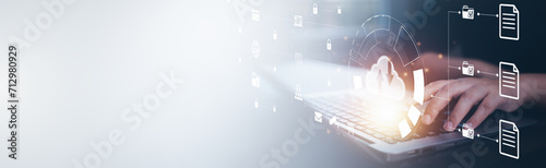 Obraz na płótnie Man using tablet and data information on the Cloud Computing Technology Internet Storage Network, big data Through internet technology, Cloud sharing download and upload
