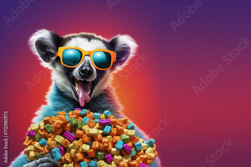 A laid back lemur wearing shades nibbing on gummy bears