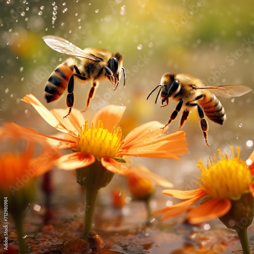 Flower garden bees fly drinking honey image Generative AI