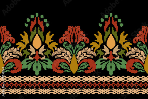 Ikat floral paisley embroidery on black background.Ikat ethnic oriental pattern traditional.Aztec style abstract vector illustration.Seamless pattern in tribal, folk embroidery, and Mexican style. 