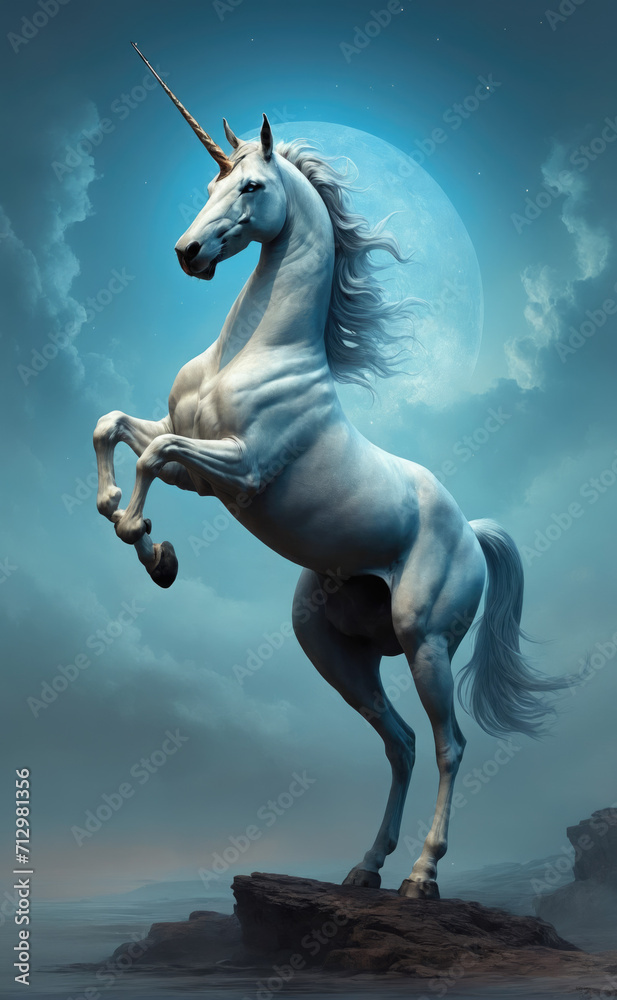 Naklejka premium Fantasy Illustration of a wild unicorn Horse. Digital art style wallpaper background in pastel colors.
