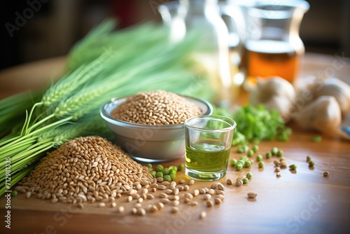 fresh hops and barley grains on pubs countertop photo