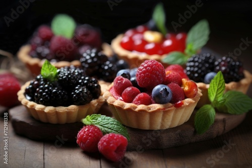 Tartlets with fresh different berries decorations. Bakery mini pies with assorted berry topping. Generate ai