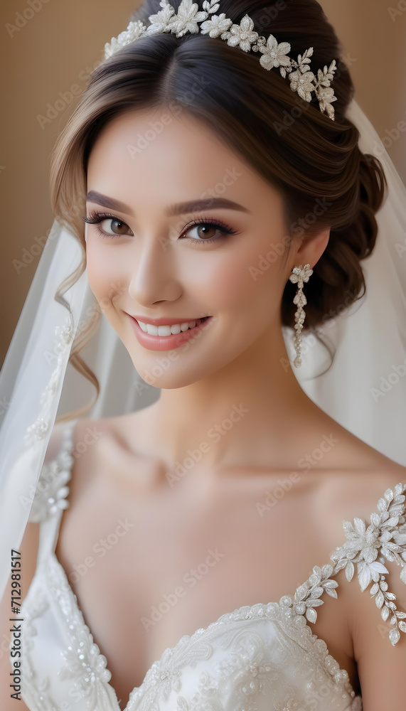Beautiful happy smiling beautiful bride model woman with beautiful hairstyle and makeup in elegant wedding dress fashion