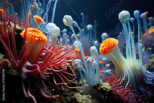 
Illustration of a colony of colorful tube worms on a deep-sea hydrothermal vent photo