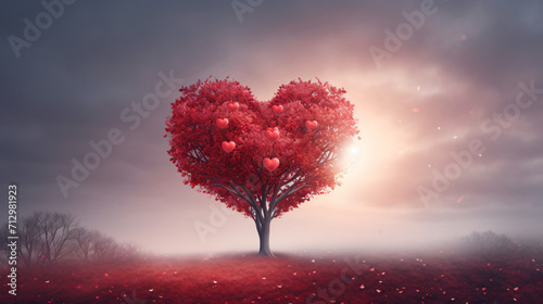 Red heart shaped tree Valentines Day background © Merab