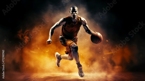 Running basketball player dribble on wooden floor on black background. Postproducted generative AI illustration. © LeArchitecto
