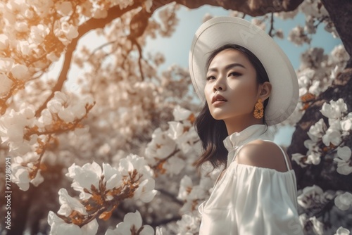 Tableau sur toile Thai stylish lady in white outfit under blossom tree