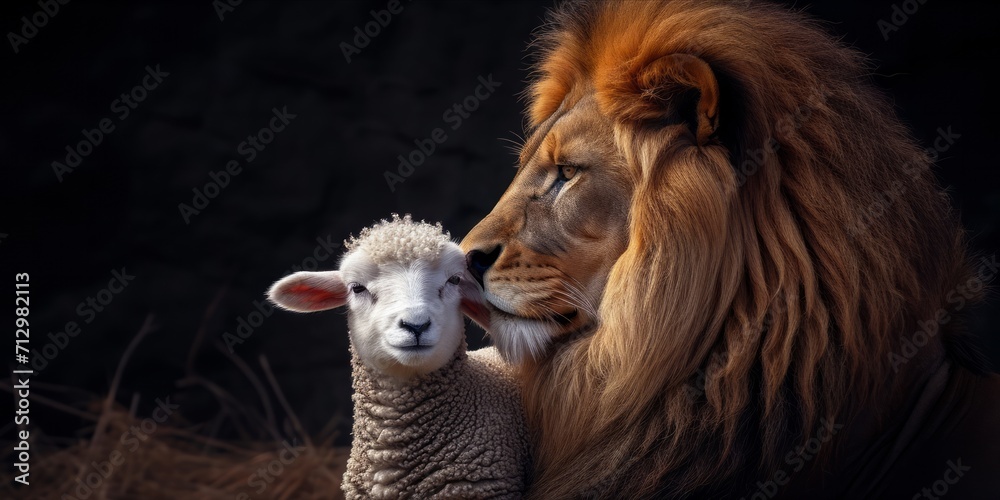 Fototapeta premium A lion and a lamb close together, symbolizing peace and harmony, set against a dark background.