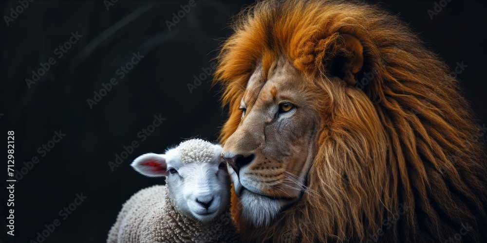 A lion and a lamb close together, symbolizing peace and harmony, set against a dark background. A lion and a lamb close together, symbolizing peace and harmony, set against a dark background.