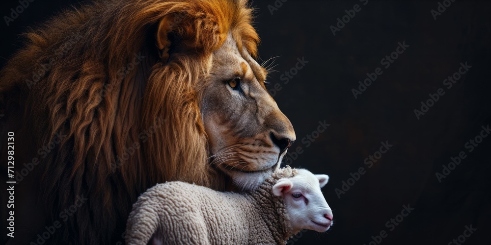 Fototapeta premium A lion and a lamb close together, symbolizing peace and harmony, set against a dark background.