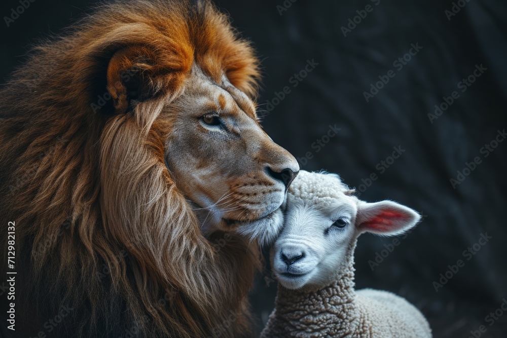 A lion and a lamb close together, symbolizing peace and harmony, set against a dark background. A lion and a lamb close together, symbolizing peace and harmony, set against a dark background.