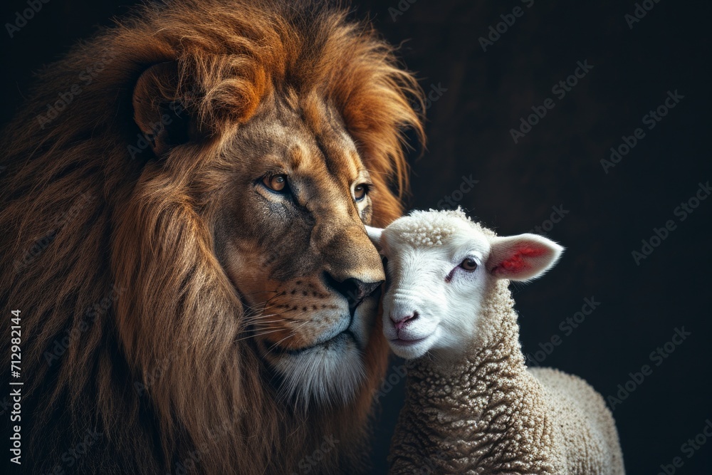 A lion and a lamb close together, symbolizing peace and harmony, set against a dark background. A lion and a lamb close together, symbolizing peace and harmony, set against a dark background.