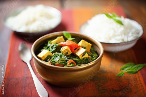 saag paneer in a bowl with a side of basmati rice