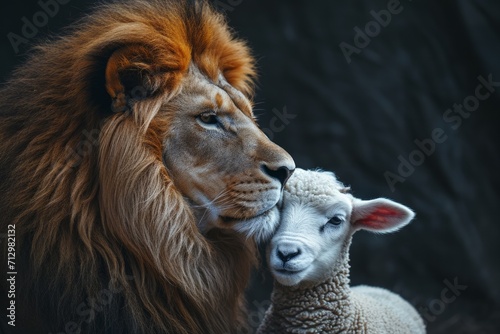 A lion and a lamb close together  symbolizing peace and harmony  set against a dark background.